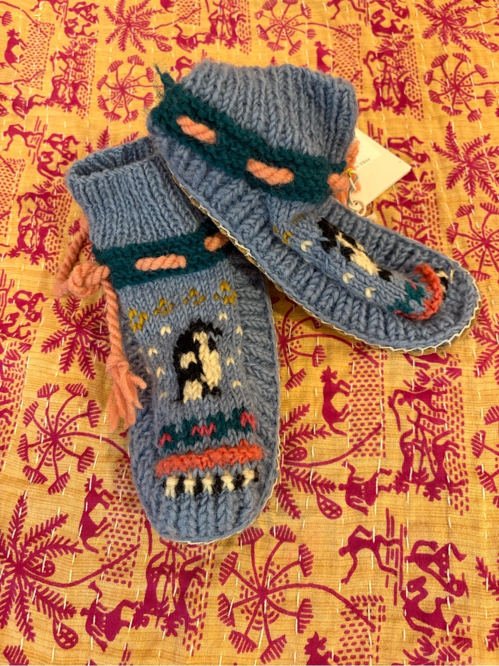 NWT Free People Light Blue Wool Slipper Socks with Penguins